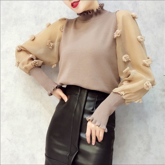 Sheer Textured Sleeve Knit Sweater Top - Picture 6 of 8